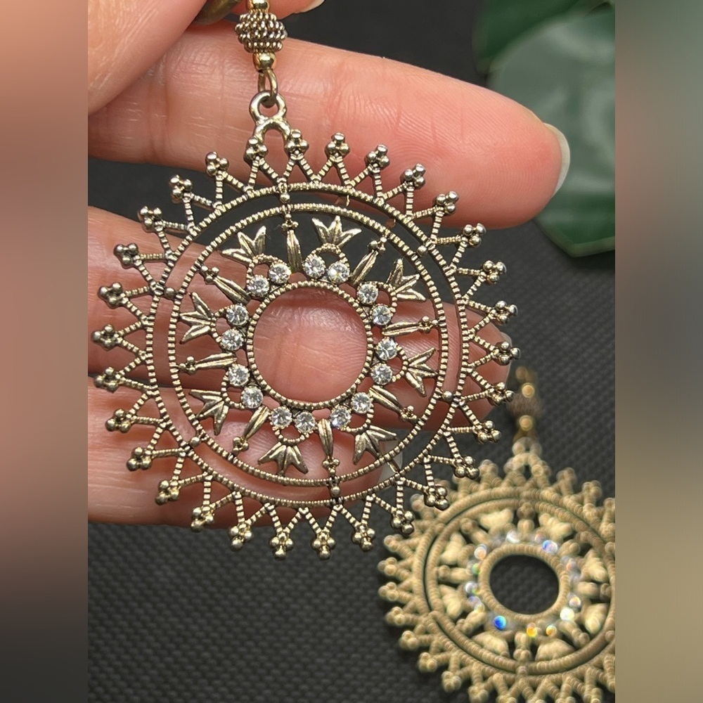 Express Mandala inspired aged gold toned rhinestone round boho dangle earrings